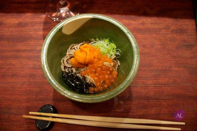 hand made soba with ikura and uni