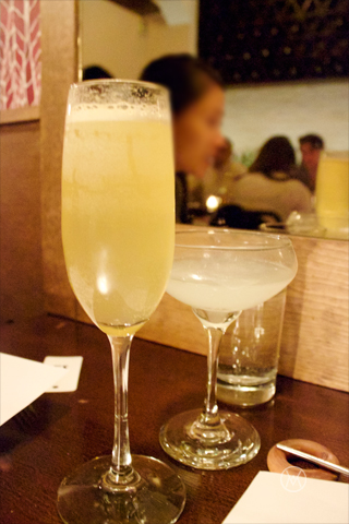 Shanghai 75 (L) - Cognac or Gin, Tarragon Simple Syrup, Lemon Juice, Prosecco 