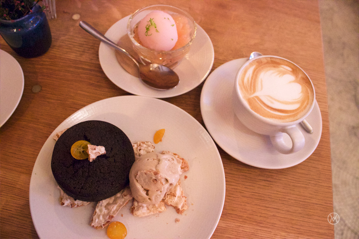 Chocolate cake (bottom)- orange pekoe ice cream Grapefruit sorbet (top)- old time fin, bruleed citrus 