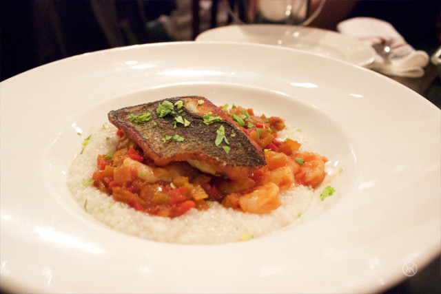 PAN ROASTED BLACK SEA BASS with creamy Rice Grits & Shrimp Creole