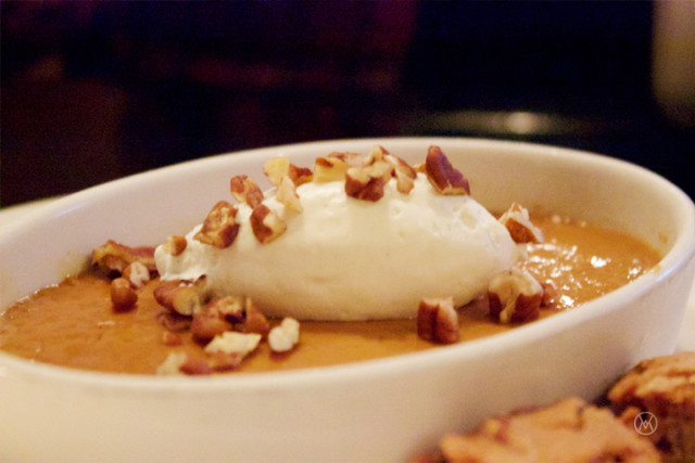 CHOCOLATE PUDDING with Pecan Coconut Whipped Cream, Pecan Blondies