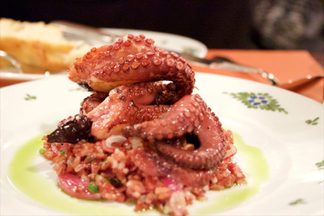 Polipo- seared baby octopus, wild red rice salad herb oil