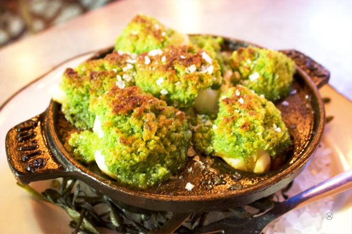 Bay scallops a la escargot $15- shiso garlic butter, lime zest