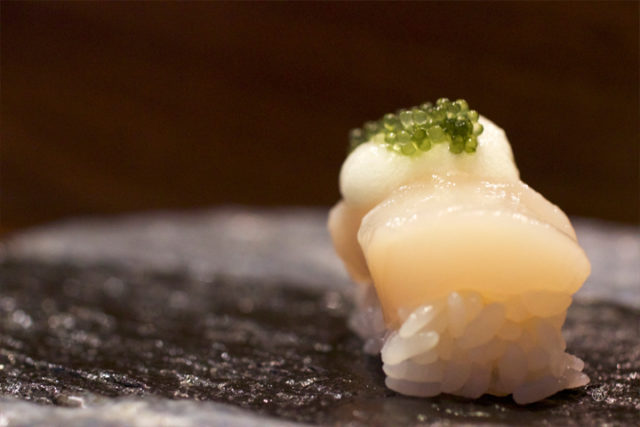 scallop with yuzu form and grape seaweed