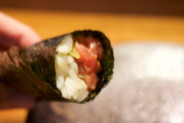 toro, scallion, radish hand roll