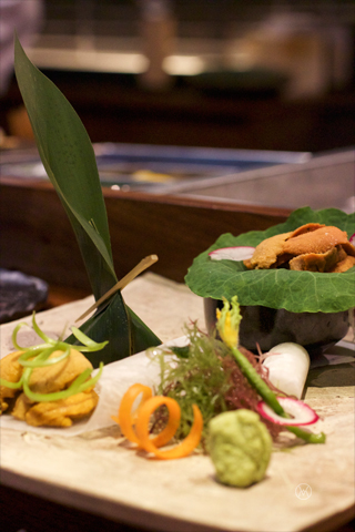 Uni platter- white Uni, red Uni and seared red Uni all from Hokkaido 