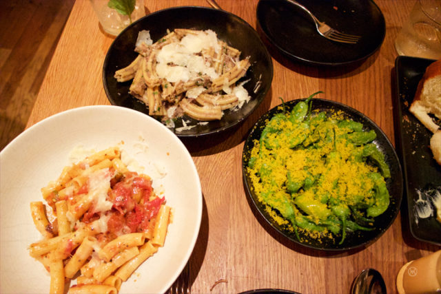 Bucatini cacio e pepe pecorino Romano + black pepper (left)