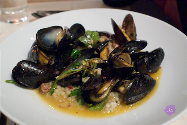 STEAMED MUSSELS spicy lamb sausage, coconut couscous, cilantro Excellent broth, spicy lamb sausage was a natural seasoning for the mussels. Absolutely love the couscous.