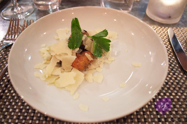 TRUFFLE MUSHROOM CROQUETTE Cremini mushroom, parmesan, béchamel  mushroom croquette was tiny, hiding underneath a full plate of parmesan.