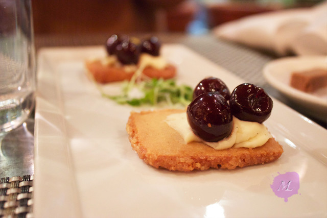 DESSERT “CROSTINI” Amarena cherry, mascarpone, pistachio shortbread with micro-basil Love the shortbread cookie, it was airy, and very buttery. But I hated the amarena cherry,  it is just overly sweet and just bursting syrup. Fresh cherry of blueberry would have been so much better.