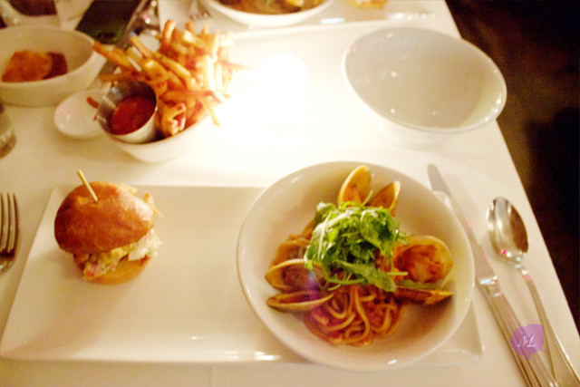 spaghetti & clams spicy gravy,  fried clam & lobster sliders