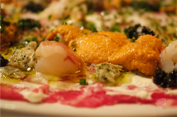 Beef, uni carpaccio with lobster and caviar